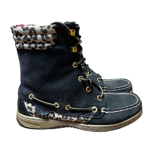 Sperry Hikerfish Black Leather Leopard Lace Up Boots Womens Size 7M 9531393 - Picture 3 of 12